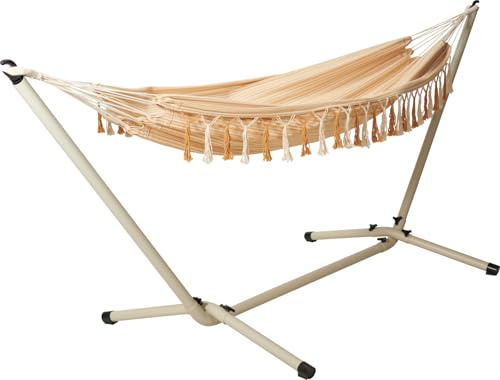 idooka Hammock with Heavy-Duty Steel Stand – Comfortable Orange/Ochre Polycotton Fabric with Beige Stripes & Fringe, 300cm Steel Frame – Perfect for Camping, Gardens, and Patios