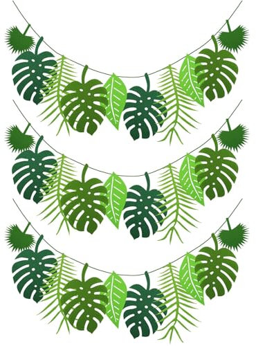 MUYAPAY 3 Pieces Fake Leaves Tropical Banners Party Decorations Palm Tree Reusable Artificial Garland Decoration Monstera Jungle Theme Birthday Party Decor Hawaiian Luau