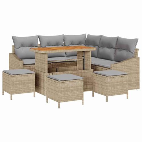 vidaXL Garten-Sofa-Set mit Kissen 9 pcs Beige Poly Rattan, Modulares Outdoor-Sofa-Set, rechteckige Gartenlounge, strapazierfähige Rattan-Couch, verstellbare Füße