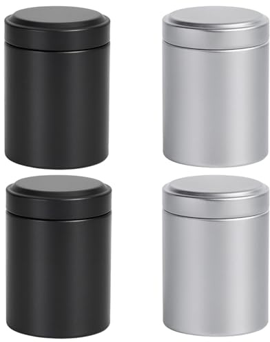 KFSCIP 4 Smell Proof Jars, Portable Airtight Containers for Camping, Travel, and Home Use, Odor-Resistant Metal Sealed Canisters for Coffee, Tea, Sugar, and Small Essentials, Silver and Black, 4-Pack