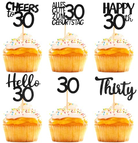 XRVRILE 24 Stück Cupcake Topper 30. Geburtstag Deko Schwarz, Nicht Essbare Tortendeko für Männer und Frauen, Glitzer Deko 30. Geburtstag Party Zubehör