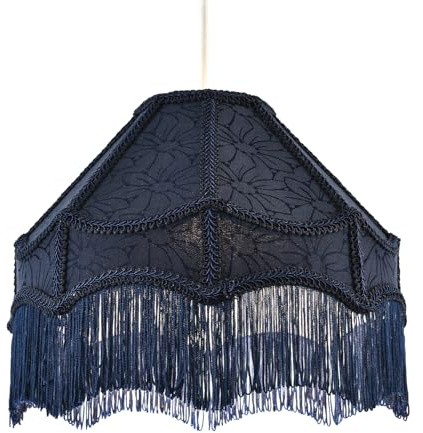 Traditional Handmade Victorian Empire Shade in Floral Print Midnight Blue Jacquard Cloth with Embroidered Trims and Tassels | 30cm x 19cm | Pendant or Lamp Base by Happy Homewares