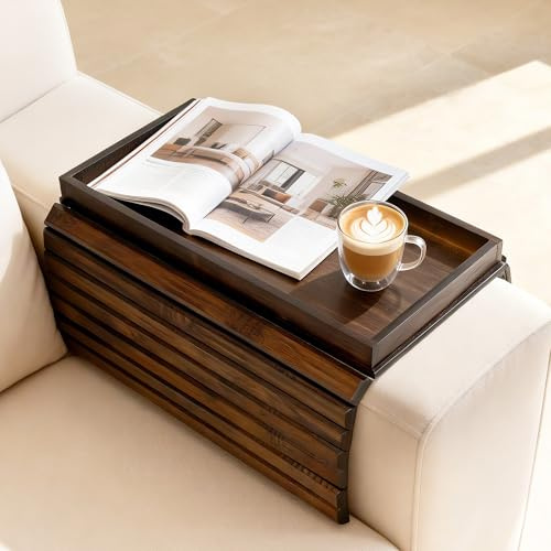 Walnut Wood Sofa Arm Tray Table, Non‑Slip Couch Armrest Tray for Drinks, Phone, Snacks & Remote, Foldable Space‑Saving Tray for Home