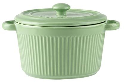 LUPATDY Mini Cocotte de Cerámica 400 ml, Moldes para Soufflé, Redondos Cuenco Ceramica con Tapas y Asas para Crema Brulee, Verduras, para Horno, Microondas, Verde Menta