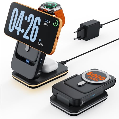 GEEKERA 3-in-1 Faltbare Magnetische Ladestation: 2026 Upgrade herausnehmbare 5000mAh Powerbank, induktives Ladegerät für iPhone Air/17/16/15-12, für Apple Watch 11-2, AirPods, Samsung Galaxy, Schwarz