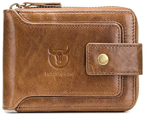 BULLCAPTAIN RFID-börse für Herren aus echtem Leder mit groÃŸem Fassungsvermögen, Ausweis-Fenster, Kartenetui mit ReiÃŸverschluss, Münzfach QB-231