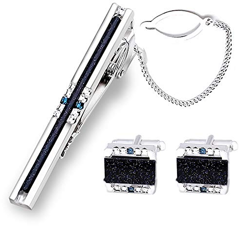 Boutons de manchette et pince à cravate BagTu Shinning Galaxy Stone avec boîte-cadeau et carte de voeux, Boutons de manchette bleu foncé Strip Galaxy et ensemble de pince à cravate pour homme