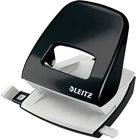 Leitz Büro Locher aus Metall, Für 30 Blatt, Anschlagschiene mit Formatvorgaben, Ergonomisches Design, Blister-Verpackung, schwarz, WOW-Serie, 0082095