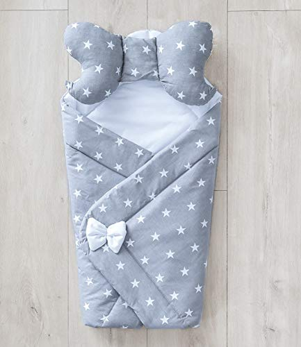 Einschlagdecke für Baby Baumwolle Babyhörnchen SOLO oder mit Bärchen/Schmetterling KISSEN Fußsack Babydecke Steckkissen für Babyschale Hörnchen Decke für Kinderwagen 75x75 cm (Sternchen grau/ weiß S)