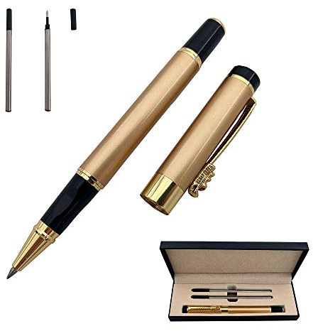 Accod Fine Nib Rollerball Pen High-end Business Signature Pen Metal Pen Clip Black Ink with Two 0.5mm Replacement Refills Gift Premium Gift Box (Gold)