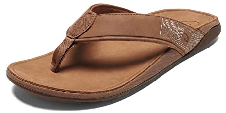 OLUKAI Tuahine Men's Waterproof Leather Sandals, Versatile Beach Flip Flops, Arch Support & Comfort Fit, Lightweight & Durable, Enhanced Grip & Traction, Toffee/Toffee, 13