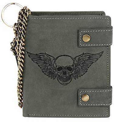 Harrys-Collection Geldbörse aus hochwertigem Vintage Leder + RFID mit Kette! Totenkopf, Farben:schwarz