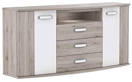 FORTE Rondino Kommode mit 2 Türen und 3 Schubladen, Holzwerkstoff, Sonoma Eiche / Weiß Hochglanz, 60,8 x 81,5 x 169,6 cm