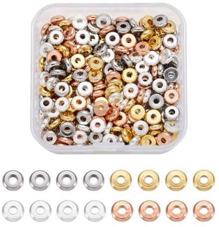Cheriswelry Lot de 320 perles d'espacement plates rondes, perles en laiton, 6 mm, 4 couleurs, perles de charme en forme de rondelle, idéales pour la fabrication de bijoux et de bracelets