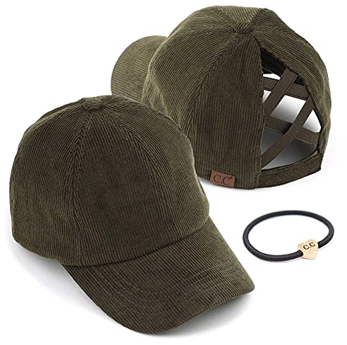 C.C Exclusives BT-937 Haargummi, Baumwolle, Denim, überkreuzt, Pferdeschwanz, Baseballkappe, Haarband, gekreuztes Gummiband, Corduroy_Olivgrün, Ein gekreuztes Gummiband, Cord, Olivgrün, Einheitsgröße