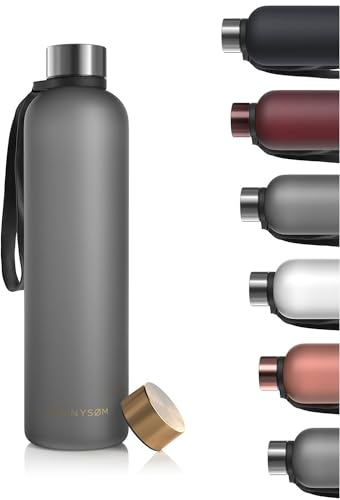 LARS NYSØM Trinkflasche 1l | Wasserflasche 1000ml | Ultraleichte Tritan Sport Flasche auslaufsicher, Kohlensäure geeignet - für Sport, Büro, Yoga | 2 Deckel inkludiert (Gray - Gold, 1000ml)