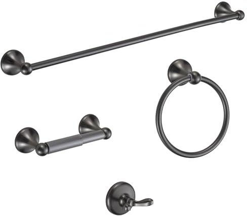 BGL Bathroom Hardware Set Gunmetal Grey 4-Piece Bathroom Accessories Set Wall Mounted Adjustable Towel Bar Robe Hook Toilet Paper Holder Towel Ring Paint Spraying Grey