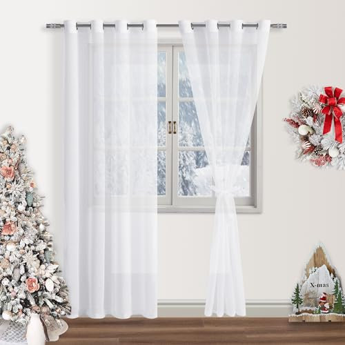 DWCN White Sheer Curtains with Tiebacks Semi Transparent Voile Grommet Curtains Elegant Window Curtains for Bedroom and Living Room,2 Panels,W56 x L90