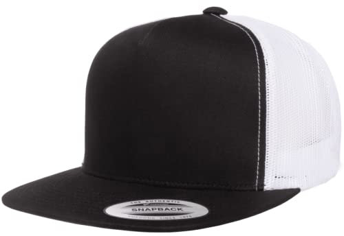 Yupoong 5-Panel YP Classic Trucker Cap | High Profile Flat Visor Snapback | OSFM | Bulk Packs Available, Schwarz/Weiß, Einheitsgröße