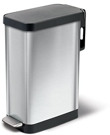 Glad Slim Trash Can with Clorox Odor Protection - Narrow Kitchen Garbage Bin with Soft Close Lid, Step On Foot Pedal and Waste Bag Roll Holder, Stainless Steel, 12 Gallon/45 Liter