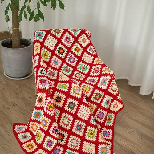 RISEON Handgefertigte quadratische Häkeldecke im Pullover-Stil, Häkeldecke, mehrfarbig, Boho-Reiseakzent-Dekor, Überwurf für Sofa, Schmusetuch, Couch, Bett, Liege, Wohnzimmer, Schlafzimmer (rot)