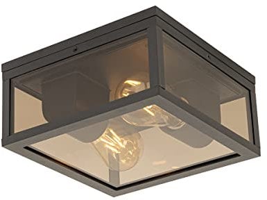 Qazqa - Modern Außen Deckenleuchte I Deckenlampe I Lampe I Leuchte schwarz mit Rauchglas 2-flammig IP44 - Charlois I Außenbeleuchtung - Aluminium Quadratisch - LED geeignet E27