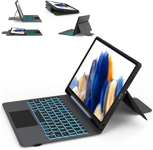 ROOFEI Samsung Galaxy Tab A8 Hülle mit Tastatur QWERTZ - 7-Farbige Beleuchtung mit Trackpad, All-in-one mit Stifthalter 10,5' 2021/2022 SM-X200/X205/X207