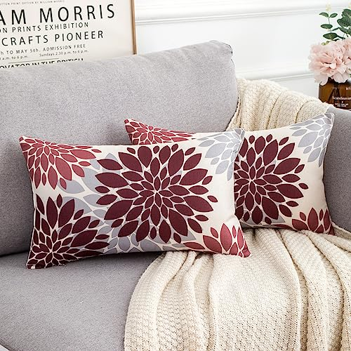 2er Set Lenden Kissenbezug Leinen Outdoor Kissen 30x50 cm Dekokissen Rot und Grau Kissenhülle Moderne Elegante Blume Dahlie Geometrisch Blumen Muster Kissenbezüge für Sofa Schlafzimmer Wohnzimmer