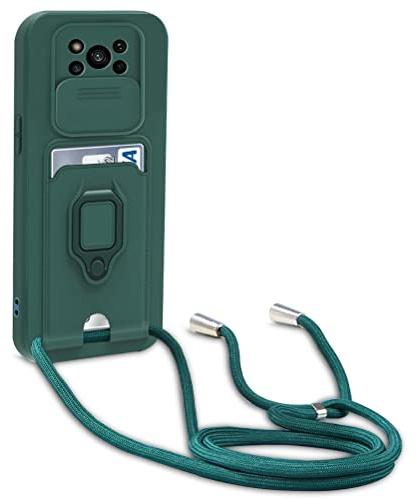 Dllatui Handyhülle Kompatibel mit Xiaomi Poco X3 NFC/Poco X3 Pro Halsband Lanyard Silikonhülle,mit Kamera Schutz Schieber,Drehbarer Ständer mit Kartenfach Necklace Hülle (Grün)