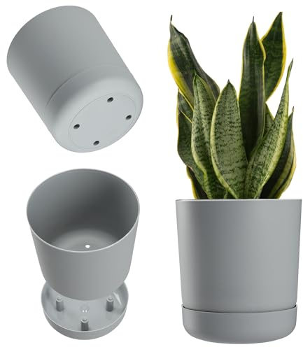 KADAX Vaso da fiori con sottovaso, in plastica, minimalista, vaso decorativo per fiori, cactus ed erbe aromatiche (13 cm, grigio)