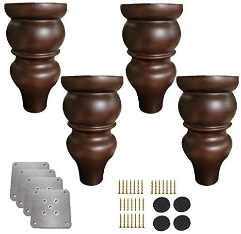 TONZN 4er-Pack Möbelbeine aus Holz, kürbisförmige Ersatzbrötchenfüße aus massivem Holz, antike Sofafüße, für Schrank, Couch, Stuhl, Bett, Ottomane, mit Montageplatte und Schrauben ()