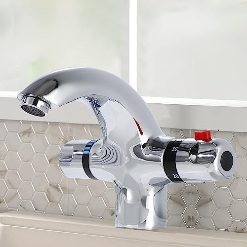 Amazon Brand-Thermostatischer Wasserhahn Aufsatz-Thermostatarmatur Doppelgriff-Thermostatmischer für Küchenspülen Konstante Temperatur 38°, Heiß- und Kaltwasserhahn, Messing, Auslaufhöhe 105 mm