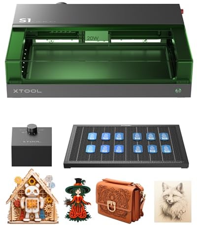 xTool S1 20W Laser Graviermaschine Basic Kit, Geschlossene Sicherheit Laser Cutter, Pin Punkt Positionierung, Autofokus, 600mm/s Geschwindigkeit, 498 * 333mm Arbeitsbereich für Metall, Holz,