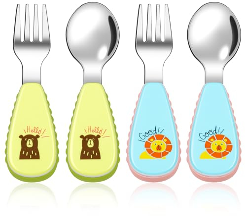 Aolso Tenedor y Cuchara para Bebés,4PCS Cubiertos Bebe,Cubiertos Infantiles Acero Inoxidable,Juego de Cubiertos para Promover la Autoalimentación de los Cubiertos para Bebés-azul/verde