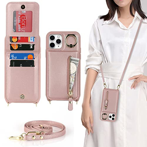Cavor iPhone 11 Pro Case With Strap,Flip Folio Leather Wallet Case,[4 Card Holder][Ring Stander][Snap Closure],Lanyard Cover Phone Case for iPhone 11 Pro - Rose Gold