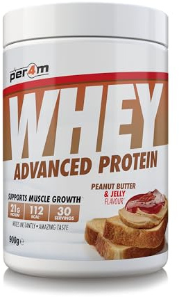 Per4m Whey Protein, Molkenprotein mit vollem Aminosäureprofil, unterstützt Muskelaufbau & Regeneration, reich an essentiellen Aminosäuren, für Sportler nach dem Training – Erdnussbutter-Gelee – 900g