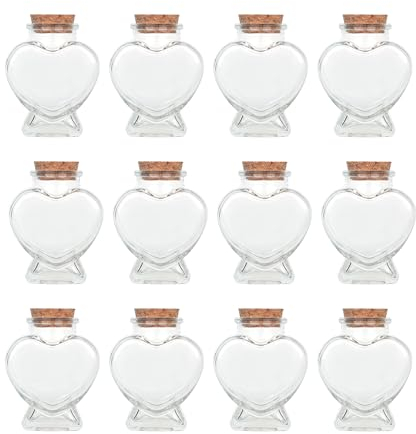 Magic Season Bouteilles en Verre Décoratives avec Bouchons en Liège (80 ml Bouteilles en Forme de Cœur / 12 Pièces)