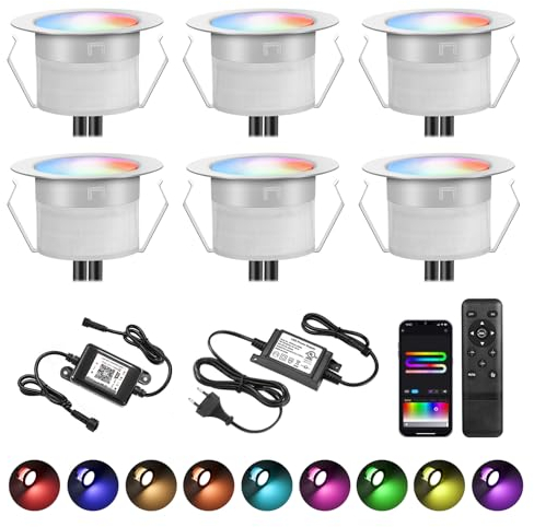 6 pièces Wifi intelligent RGBIC Dynamique LED spot de sol multicolore effet de chasse patio Lighting Works avec alexa, Google home, DC12 Ø31mm IP67 projecteur encastré LED étanche