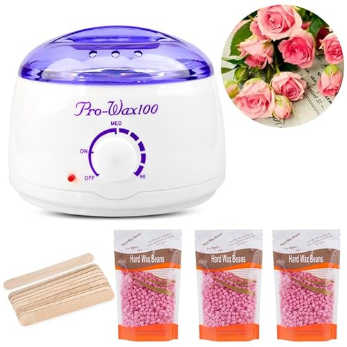 Wax Warmer kit for Hair Removal Pot for Waxing Professional with Bowl 3 Bags Wax Beads and Applicator Sticks at Home Wax Machine for Full Body Waxing (Rose White Pot)