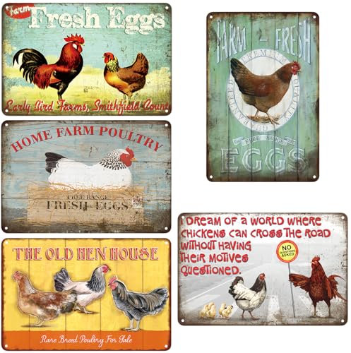 Juego de 5 placas de metal retro con diseño de gallinero, accesorios: 20 x 30 cm, para decoración de granjas, estilo rústico, decoración vintage para cuadros familiares
