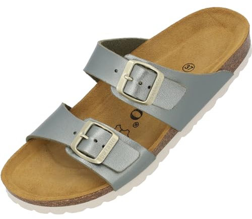 Palado Pantoletten Damen Samos - elegante Sandalen Made in Spain - bequeme Hausschuhe mit dämpfendem Kork-Fußbett - modische Sommerschuhe Metallic Olive UK3,5 - EU36