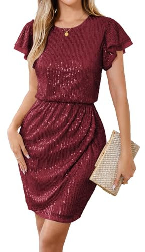 GRACE KARIN Pailletten Glitter Cocktailkleider Damen Kurzarm Bleistift Kleider Dunkelrot XL