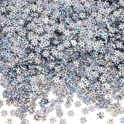 SUNNYCLUE 1 Schachtel Ca. 8000 Schneeflocken Pailletten Kleine Weihnachts Pailletten Großpackung Silberfarbener Kunststoff PVC Winterferien Weihnachts Schneeflocken Form Lose Pailletten Zum Nähen Bast