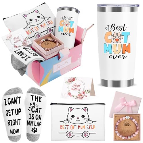 Cat Lover Gifts for Women - Themed Basket With 20 oz Mug Cup, Makeup Bag, Natural Stone Bracelets, Socks for Mother's Day, Birthday, Christmas