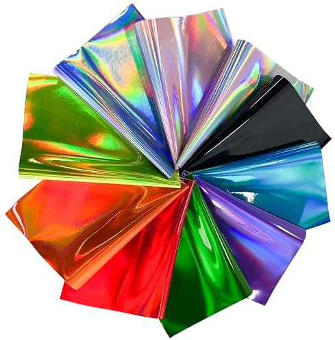 10 Stück glänzende Kunstlederblätter zum Basteln, 20 x 30 cm, bunter Glanzlederstoff für die Herstellung von Schmuck und Schleifen, DIY-Projekte (Holographisch)