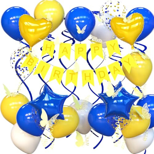 UOMYLEIR Men Birthday Decorations, Yellow Birthday Banner for Boys & Men, Glitter Hanging with Heart and Star Balloons , Butterfly Party Decoration