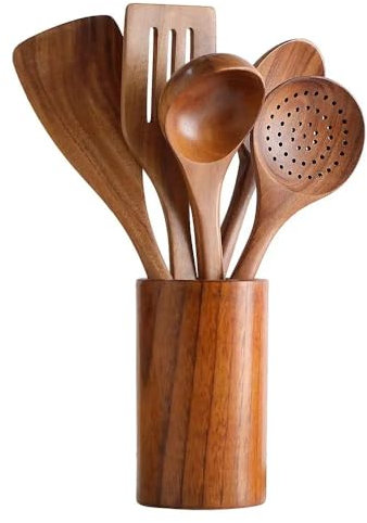 6 Pieces Wooden Cooking Utensil Set, Kitchen Cooking Tools Kitchen Gadgets 6 Pieces Spoon & Spatula Mix Perfect for Nonstick Pots and Pans Cookware Turner