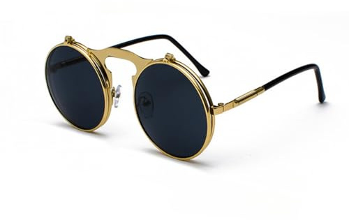 qinqilanqi-S Steampunk Flip Up Sonnenbrille - Runde Metall Brille für Motorrad/PC (UV400)