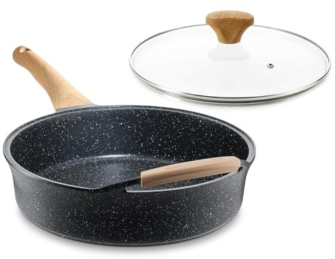 AnimoZest Tiefe Antihaft-Pfanne mit Deckel, 4,5 QT Schweizer Granitbeschichtung, 30,5 cm, gesunde Antihaft-Pfanne, Kochpfanne und Hilfsgriff mit Silikonabdeckung, PFOA-frei, Induktionsbereit.