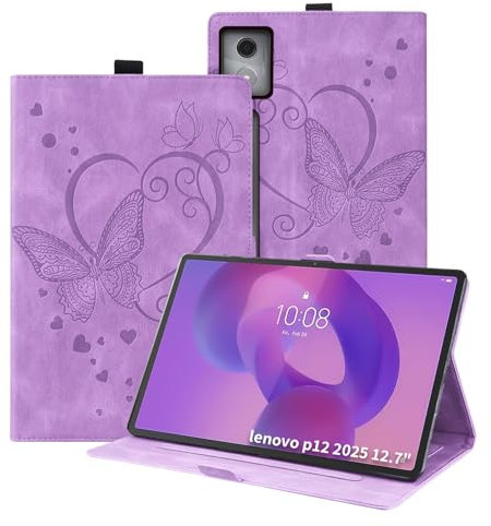 Auslbin Funda Compatible con Lenovo Idea Tab Pro/P12 2025(Gen 2) Cuero en Relieve de Mariposa Carasa de Tableta con Función de Soporte Protector de Flip Anti-caída Fundas, Púrpura